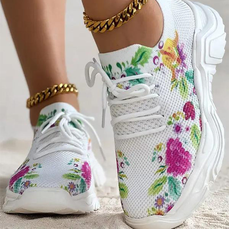 Ademende orthopedische sneakers met vetersluiting en bloemenprint