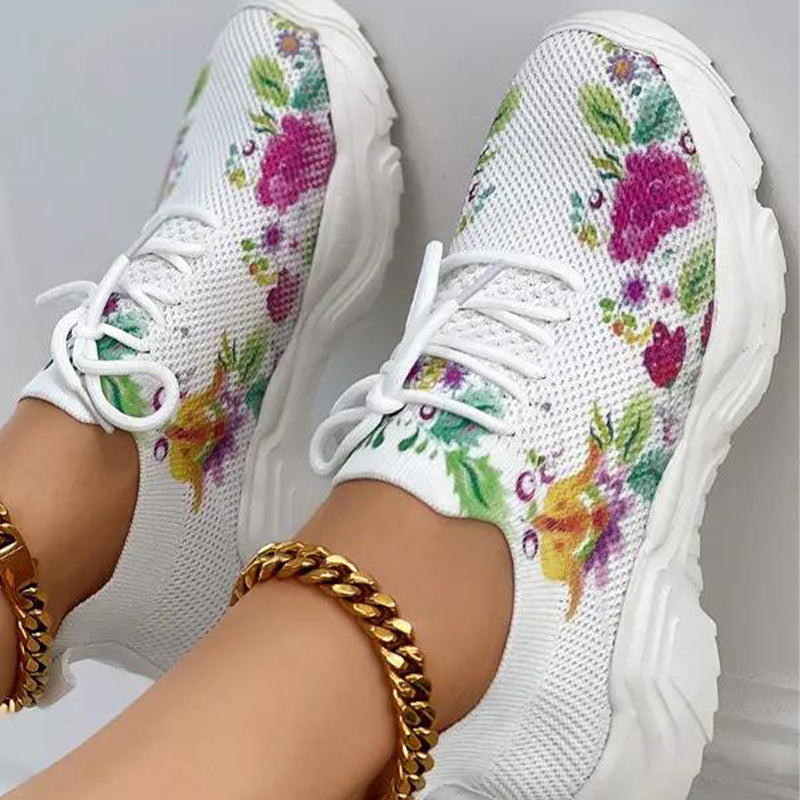 Ademende orthopedische sneakers met vetersluiting en bloemenprint