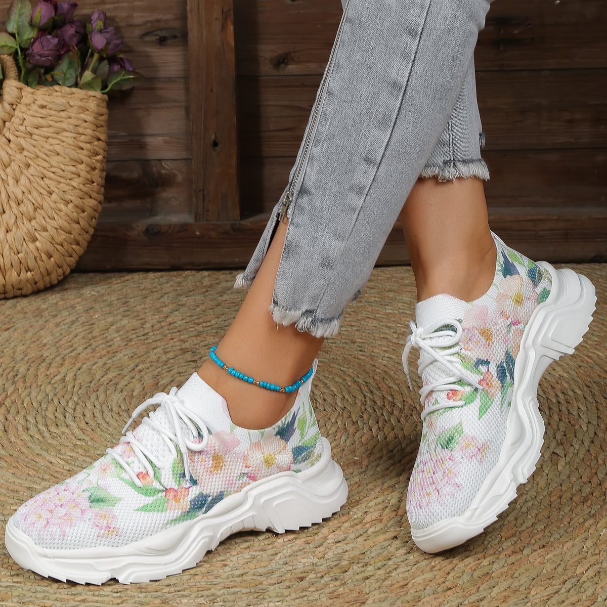 Ademende orthopedische sneakers met vetersluiting en bloemenprint